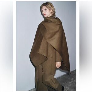 NWT Zara Collection Wool Blend Cape Coat Large Olive